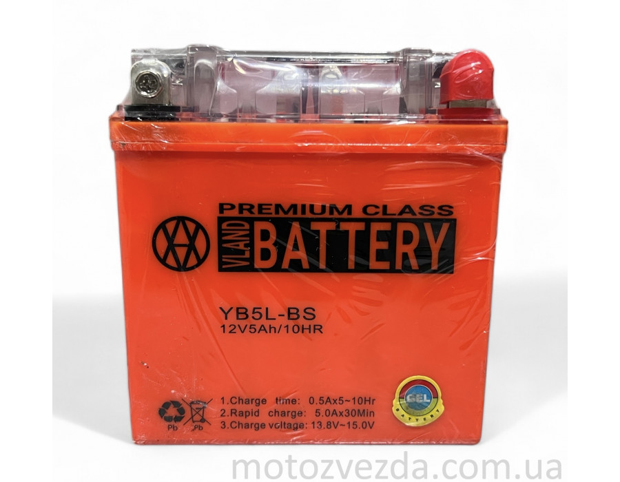 Аккумулятор GEL 12V 5A 119-60-129mm, высокий 12N5L-BS (YB5L-BS) "VLAND" (2024)