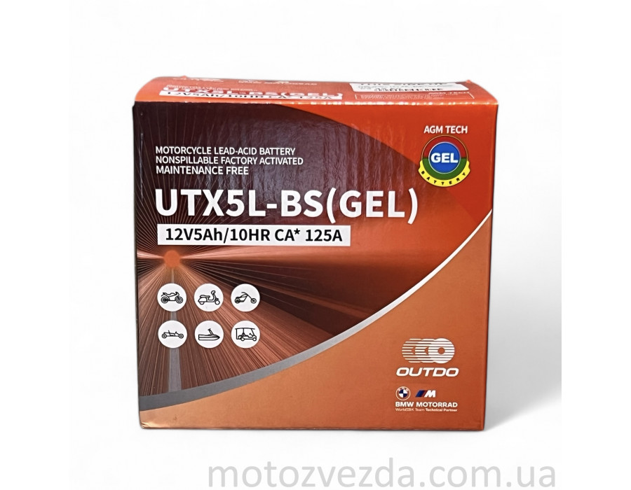 Акумулятор GEL 12V 5A 113‑70‑107mm UTX5L‑BS (YTX5L‑BS) "OUTDO" (2024)