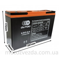 Акумулятор AGM 12V 32A 267‑78‑170mm 6‑EVF‑32 тяговий "OUTDO" (2025)