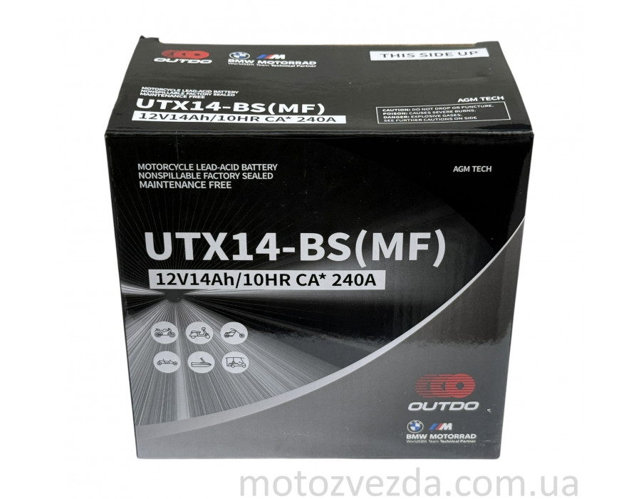 Акумулятор UTX14-BS (MF) 12V14AH/10HR CA*240A 148‑86‑146mm. "OUTDO"