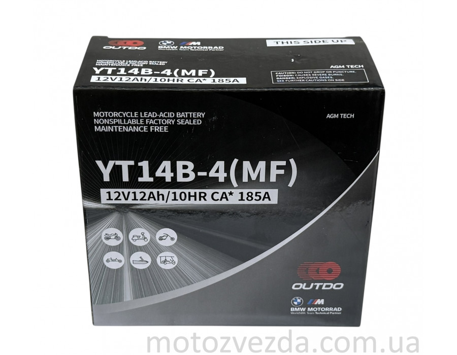 Акумулятор YT14B-4 (MF) 12V12AH/10HR CA*185A 150‑70‑145mm. "OUTDO"