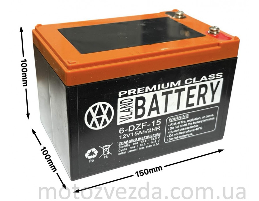 Акумулятор AGM 12V 15A 150-98-100mm 6-DZF-15 тяговий 'VLAND' (електро вело/скутери, 2026)