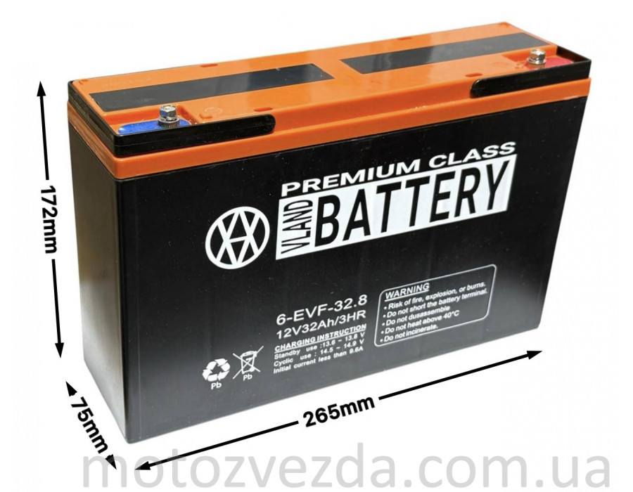 Акумулятор AGM 12V 32A 267-78-170mm 6-EVF-32.8 тяговий 'VLAND' (E-bike, електро вело/скутери 2026)