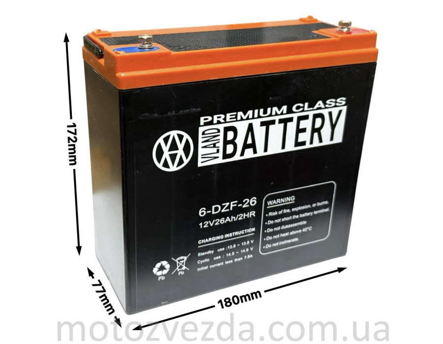 Акумулятор AGM 12V 26A 180-78-170mm 6-DZF-26 тяговий 'VLAND' (E-bike, електро вело/скутери 2025)